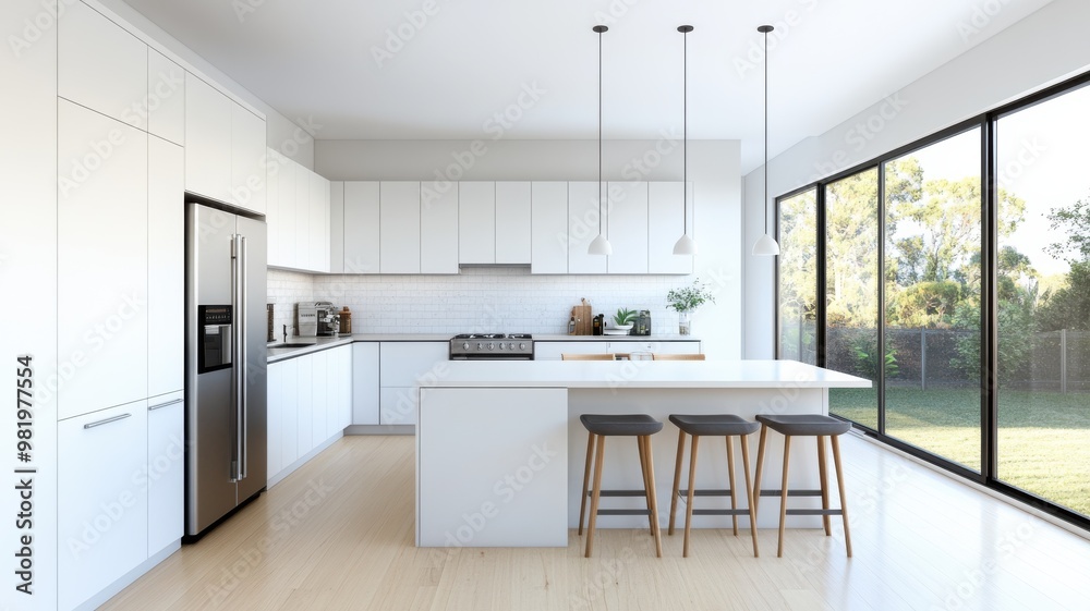 Bright and modern kitchen with sleek cabinets, a central island, and natural light flooding through large windows. Bright and modern kitchen with sleek cabinets, a central island, and natural light flooding through large windows.