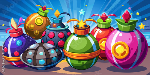 A collection of whimsically designed cartoon bombs with a playful mix of colors, patterns, and decorations, set against a radiant backdrop, suggests a fun yet potentially chaotic scenario