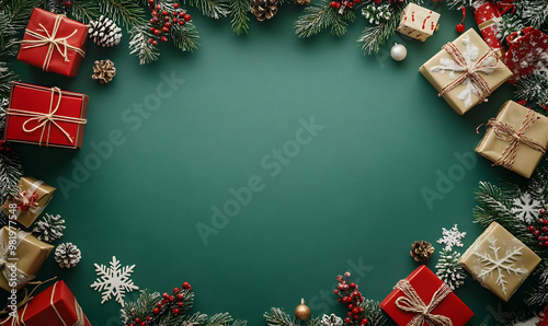 Christmas frame with gift boxes, holaday decorations and confetti on green background photo