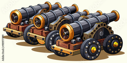 Three vintage cannons stand ready with gleaming barrels and ornate details, evoking a sense of historical power and military might