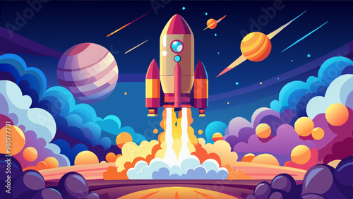 A retro-styled rocket blasts off amidst a vibrant cosmic scene with swirling clouds, planets, and stars, capturing a sense of adventure and the wonder of space exploration