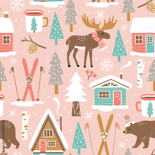 Hand drawn seamless vector pattern with forest animals and pine trees. Snowy winter woodland landscape with cute moose, bear and ski lodge. EPS 10 vector file. Perfect for textile, wallpaper, print. 