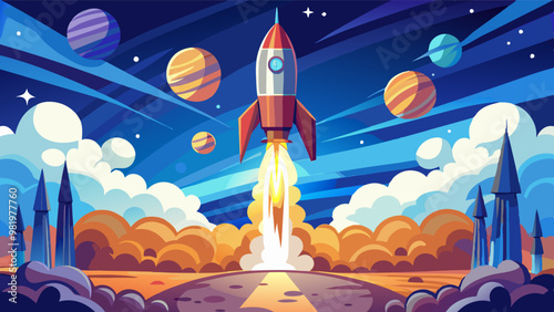 A vibrant vector art of a rocket launch, capturing the excitement of space exploration with colorful planets and stars