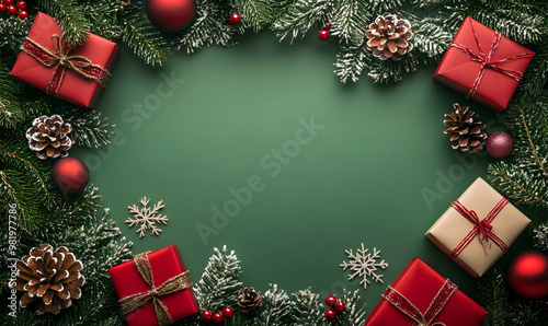 Christmas frame with gift boxes, holaday decorations and confetti on green background photo