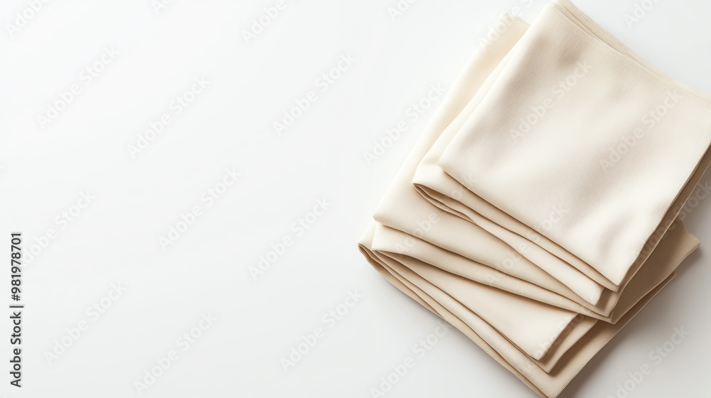A stack of neatly folded cream-colored fabric on a white background, perfect for design projects and textile presentations. A stack of neatly folded cream-colored fabric on a white background, perfect for design projects and textile presentations.