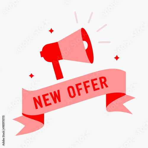 a red megaphone with a ribbon banner displaying the text "NEW OFFER," symbolizing a promotional announcement or special deal