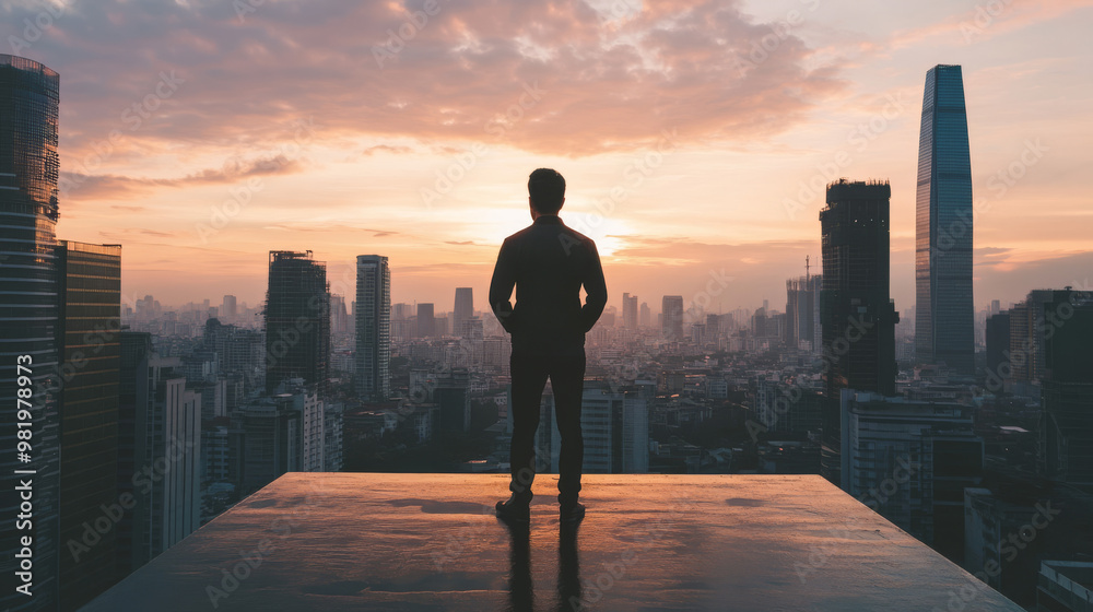 A business man stands contemplatively on a rooftop overlooking a bustling city, the skyline filled with towering skyscrapers. His expression reflects determination and ambition as he ponders his care. A business man stands contemplatively on a rooftop overlooking a bustling city, the skyline filled with towering skyscrapers. His expression reflects determination and ambition as he ponders his care.