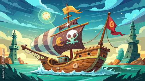 a pirate ship sailing through a fantastical sea with two tall towers in the background under a dramatic sky