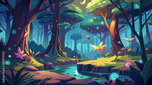 A vibrant magical forest scene with glowing plants and fireflies under a moonlit sky