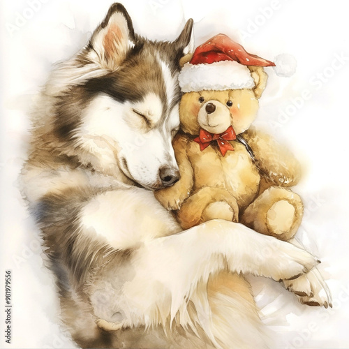 Alaskan Malamute Dog With Teddy Bear Watercolor Painting for Animal Lovers and Home Decor