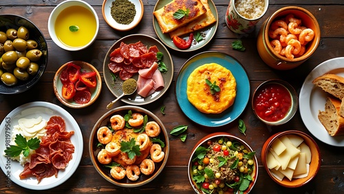 Wallpaper Mural Overhead view of a variety of tapas on a rustic table, showcasing an assortment of flavorful, small plates. Ideal for food and culinary content emphasizing diverse and delicious dishes. Torontodigital.ca
