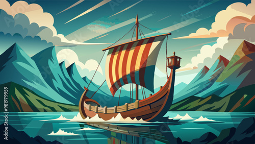 a Viking ship with a striped sail navigating through a serene fjord surrounded by majestic mountains under a dramatic sky