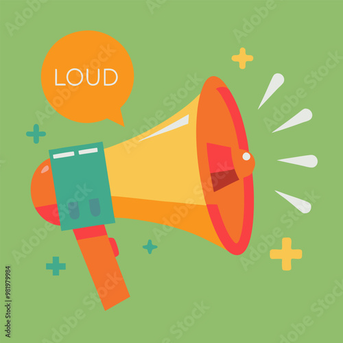 A colorful vector illustration of a megaphone with the word "LOUD" on it, emitting sound waves and surrounded by stars, symbolizing attention or announcement