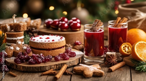 Christmas baking ingredients including gingerbread fruitcake and seasonal drinks arranged on a wooden table with cranberries dried oranges cinnamon spices