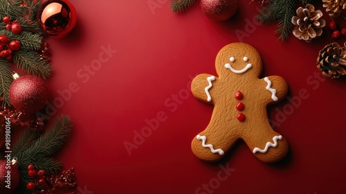 Christmas banner, gingerbread man on red background with copy space at Christmastime. Tradition of Happy Christmas. Joyful celebrations with festive joy and sweet treats. flat lay, top view