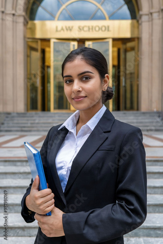 Young Indian female student in black blazer with book on hand with confident look at law school entrace