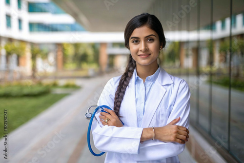 Young Indian female medical student in white lab coat with stethoscope on campus with greenery