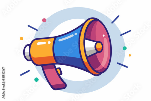 A colorful vector illustration of a megaphone with vibrant accents and surrounding decorative elements