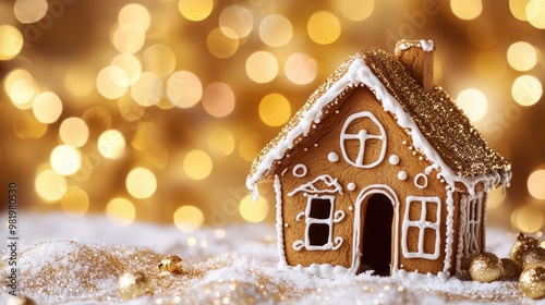 Christmas gingerbread house decoration on white background of defocused golden lights. Hand decorated.