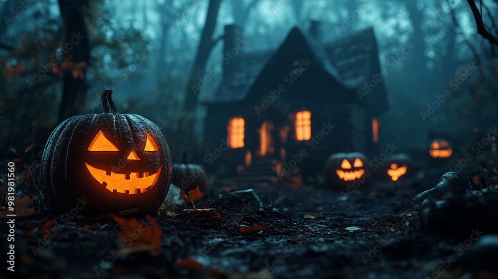 Spooky Halloween night with glowing pumpkins in front of a haunted cabin in the woods Spooky Halloween night with glowing pumpkins in front of a haunted cabin in the woods