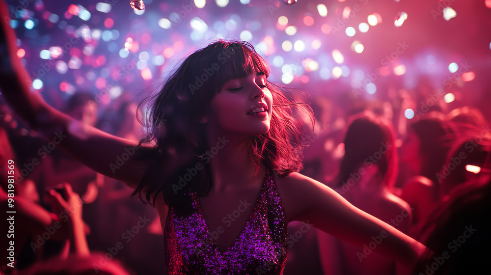 In a vibrant club atmosphere, a young girl dances joyfully to the music, her energy infectious as she moves with the rhythm. This lively scene is part of a specially organized concert. In a vibrant club atmosphere, a young girl dances joyfully to the music, her energy infectious as she moves with the rhythm. This lively scene is part of a specially organized concert.