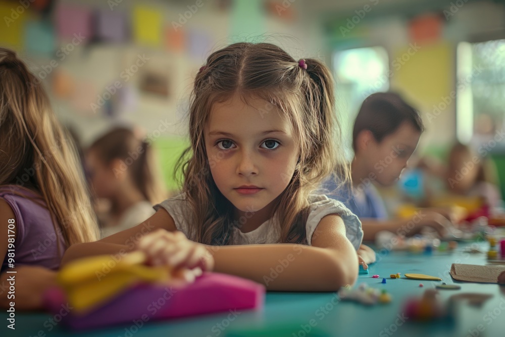 Fototapeta premium Lively Art Studio with Children Working on Crafts and Drawings, Spring Festival Decorations