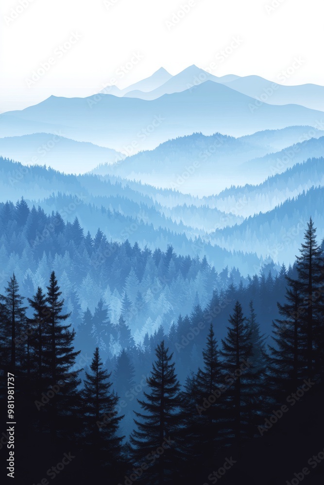 Serene mountain landscape at dawn showcasing layered blue hills and dense coniferous forests