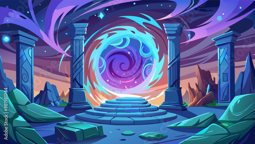 A mystical portal surrounded by ancient ruins and glowing pillars, set against a vibrant, otherworldly landscape.