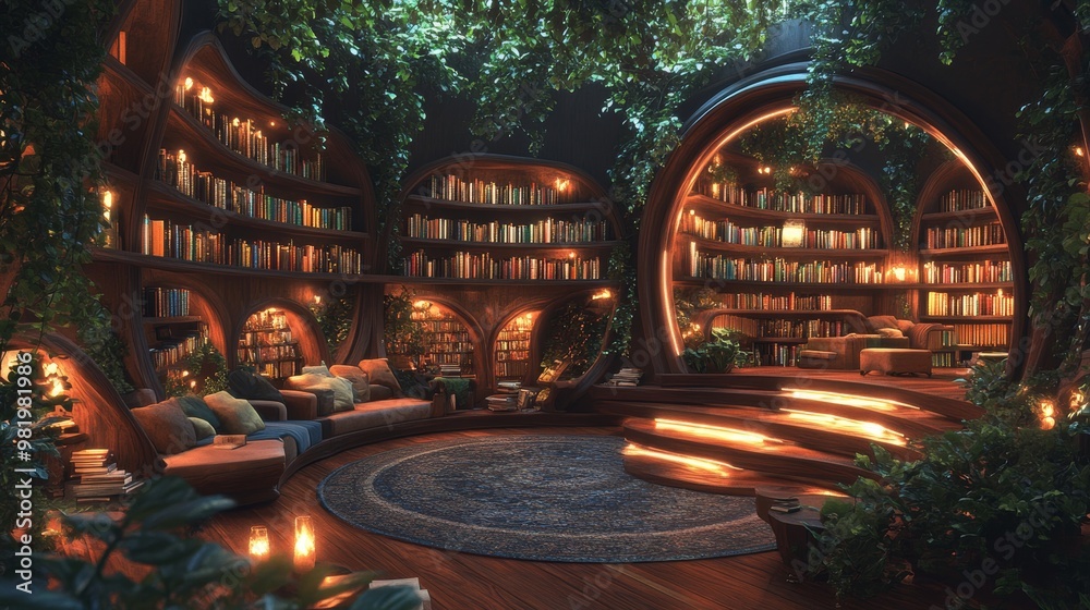 Mysterious circular library, floating books and scrolls suspended midair, warm ambient lighting, and a plush reading area surrounded by ancient wood Mysterious circular library, floating books and scrolls suspended midair, warm ambient lighting, and a plush reading area surrounded by ancient wood