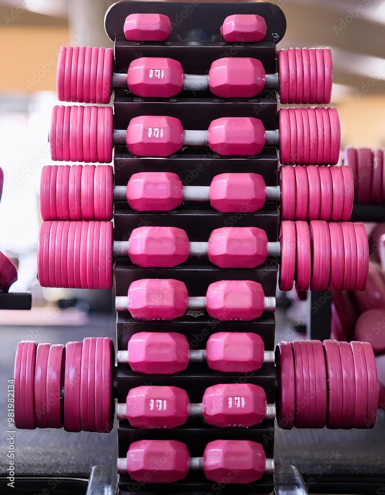 Row of pink dumbbells on a rack in a gym. Row of pink dumbbells on a rack in a gym.