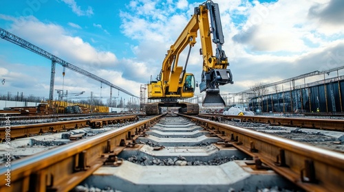 A high-speed railway construction project with robotic machinery assembling the track segments. The futuristic site showcases the blend of technology and infrastructure.
