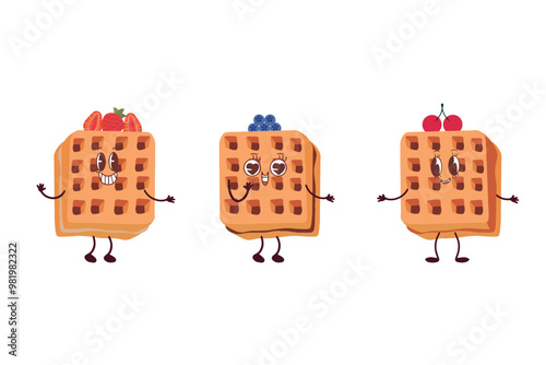 Waffle icon with various fillings. Vector illustration of waffles in the style of kawaii, pastries for breakfast, sweet snack.