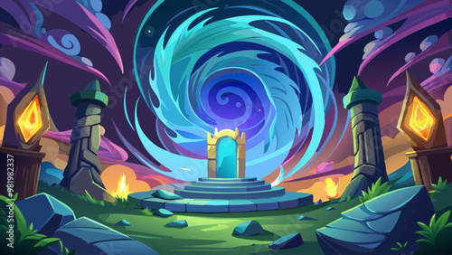 A mystical portal surrounded by ancient pillars and glowing lanterns, set in a vibrant, otherworldly landscape with swirling skies