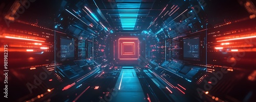 Futuristic Neon Tunnel Digital Technology Backdrop with Glowing Interface