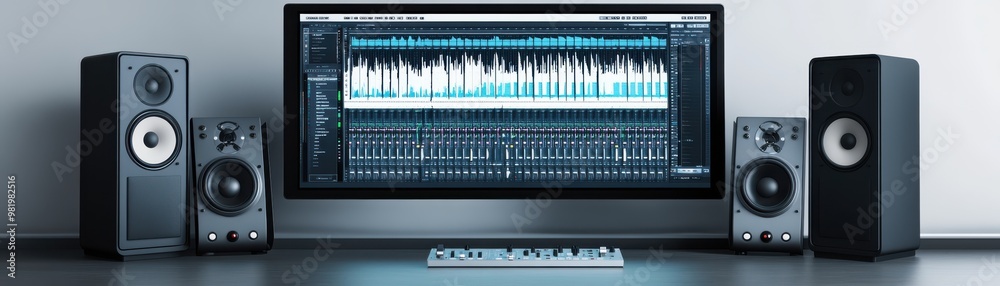 Modern audio setup featuring computer, monitors, and speakers, ideal for music production and sound editing environments. Modern audio setup featuring computer, monitors, and speakers, ideal for music production and sound editing environments.