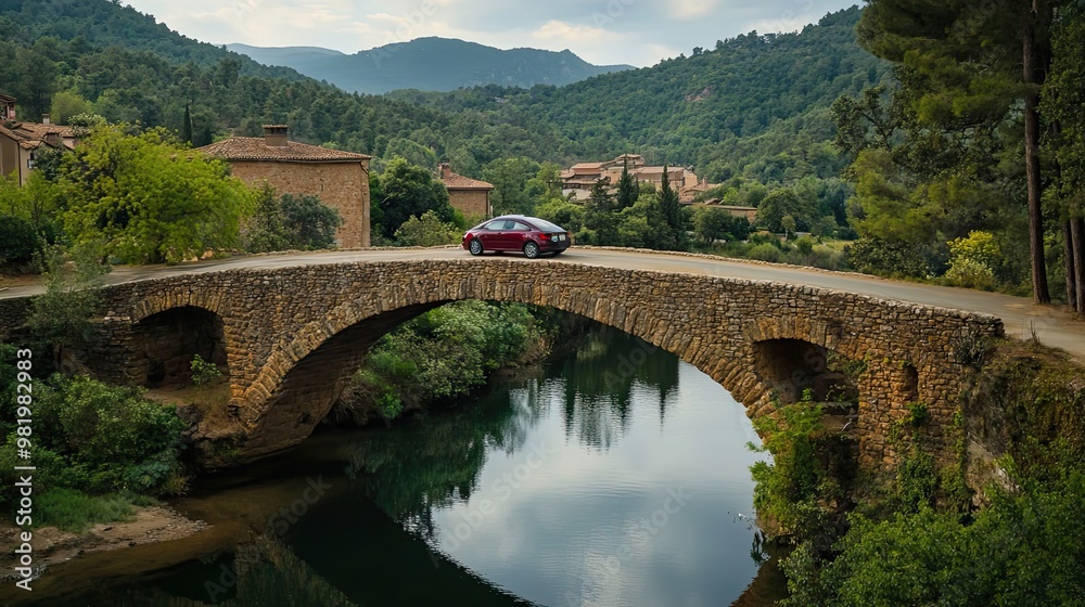 Stone Bridge Spanning a River in a Mountainous Landscape with a Red Car Stone Bridge Spanning a River in a Mountainous Landscape with a Red Car