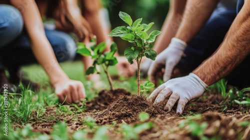 The scene depicts a vibrant community service initiative in a park, where a diverse group of volunteers is engaged in gardening and planting trees. The participants work together, embodying a spirit .