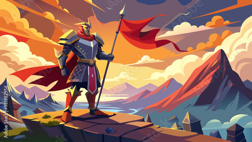 a majestic knight in armor standing triumphantly on a hilltop, holding a red flag, against a colorful, mountainous landscape