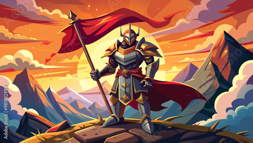 a majestic knight in shining armor standing triumphantly on a rocky peak, holding a red flag against a vibrant sunset backdrop with mountains and clouds