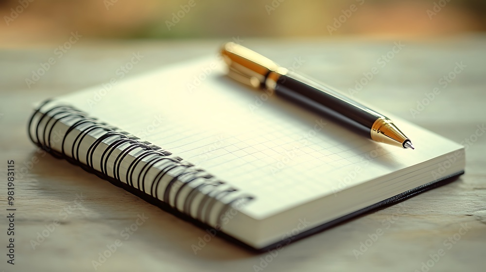 A black pen rests on a blank spiral notebook, ready for writing. A black pen rests on a blank spiral notebook, ready for writing.