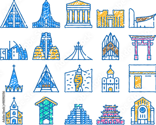temple construction doodle icons set vector. sketch line art religion cathedral and synagogue, catholic chapel and church, kaaba and mayan temple religion building color illustrations