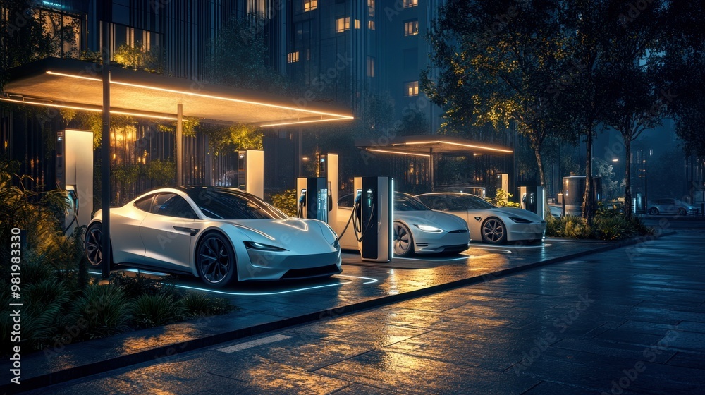 A high-tech electric car charging station in an urban setting, featuring fast-charging points for multiple vehicles, surrounded by energy-efficient LED lighting.