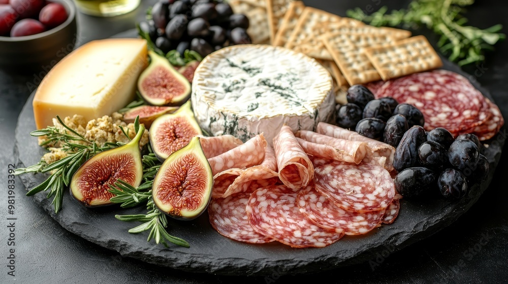 Top-down view of a circular charcuterie board brimming with aged cheeses, figs, and artisan crackers, offering a luxurious spread Top-down view of a circular charcuterie board brimming with aged cheeses, figs, and artisan crackers, offering a luxurious spread