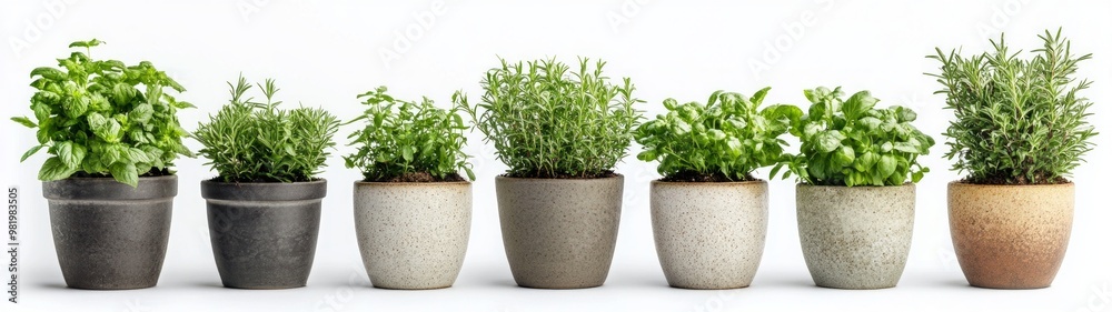 Herb Garden Display, vibrant green herbs in clay pots arranged neatly against a clean white backdrop, showcasing their freshness and natural beauty in a minimalist setting Herb Garden Display, vibrant green herbs in clay pots arranged neatly against a clean white backdrop, showcasing their freshness and natural beauty in a minimalist setting