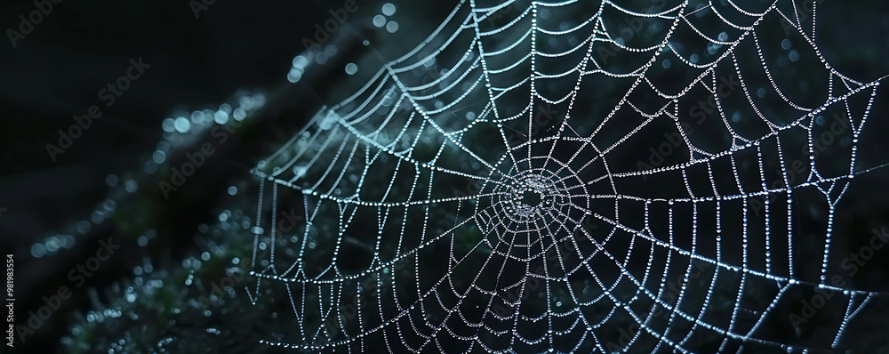 Fototapeta premium Close Up Eerie White Spider Web on Dark Backdrop Scene