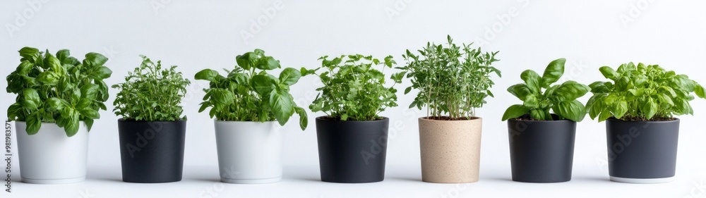 Fresh Herb Display, vibrant green basil and cilantro in pots, set against a clean, white background, showcasing their lush leaves and inviting aroma for culinary inspiration Fresh Herb Display, vibrant green basil and cilantro in pots, set against a clean, white background, showcasing their lush leaves and inviting aroma for culinary inspiration