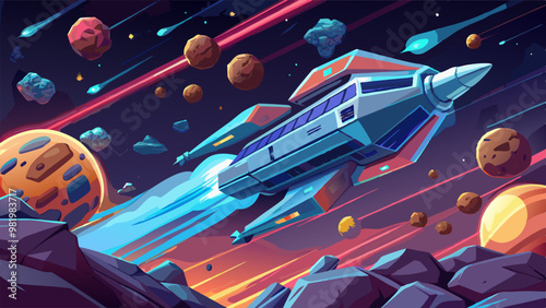 a futuristic spaceship navigating through an asteroid field in deep space, with vibrant cosmic elements, glowing trails, and a bright sun in the background. Perfect for sci-fi and gaming