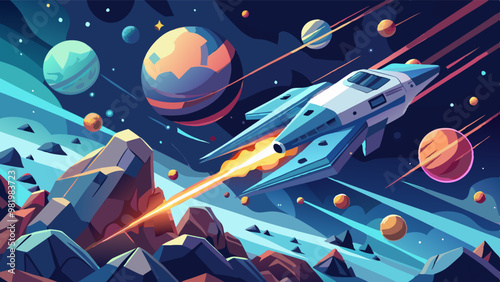 a futuristic spaceship navigating through an asteroid field in deep space, with vibrant cosmic elements, glowing trails, and a bright sun in the background. Perfect for sci-fi and gaming