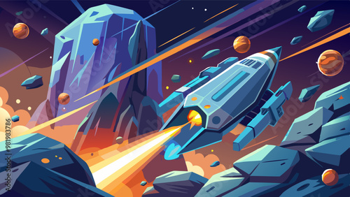 a futuristic spaceship navigating through an asteroid field in deep space, with vibrant cosmic elements, glowing trails, and a bright sun in the background. Perfect for sci-fi and gaming