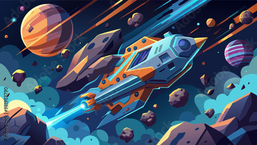 a futuristic spaceship navigating through an asteroid field in deep space, with vibrant cosmic elements, glowing trails, and a bright sun in the background. Perfect for sci-fi and gaming